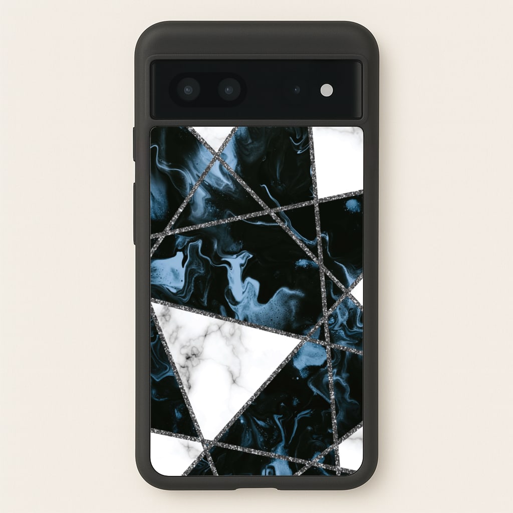 Dark Blue Marble And Silver Collage - Marble Phone Case for Google Pixel 7