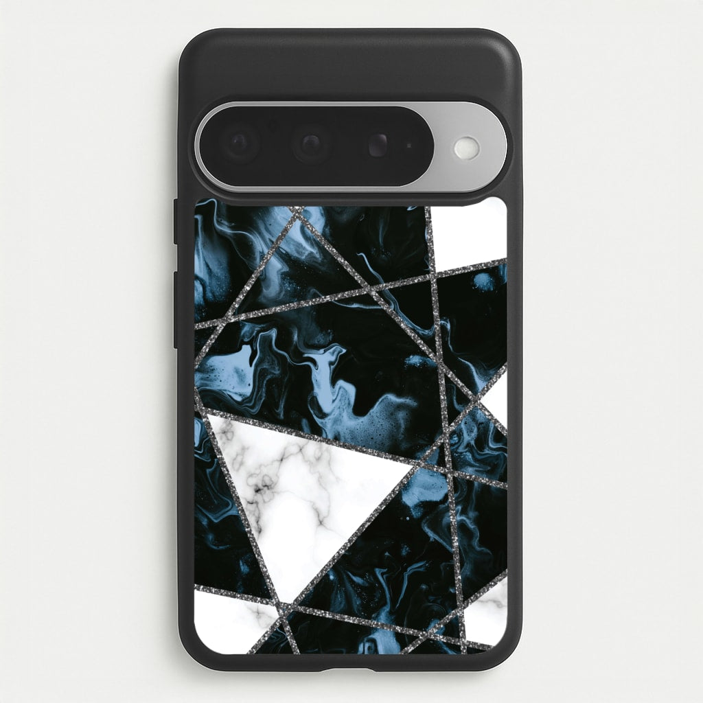 Dark Blue Marble And Silver Collage Phone Case for Google Pixel 10 Pro XL