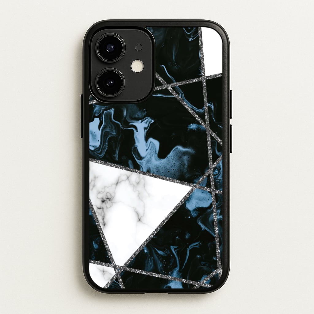 Dark Blue Marble And Silver Collage - Marble Phone Case for iPhone 12 Mini