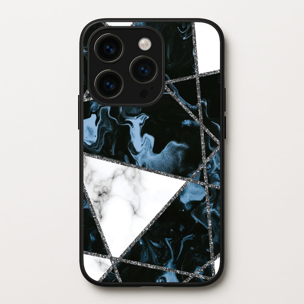 Dark Blue Marble And Silver Collage - Marble Phone Case for iPhone 15 Pro Max