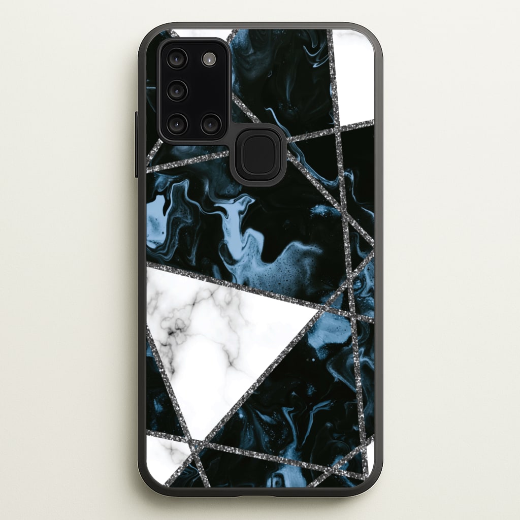 Dark Blue Marble And Silver Collage - Marble Phone Case for Galaxy A21s