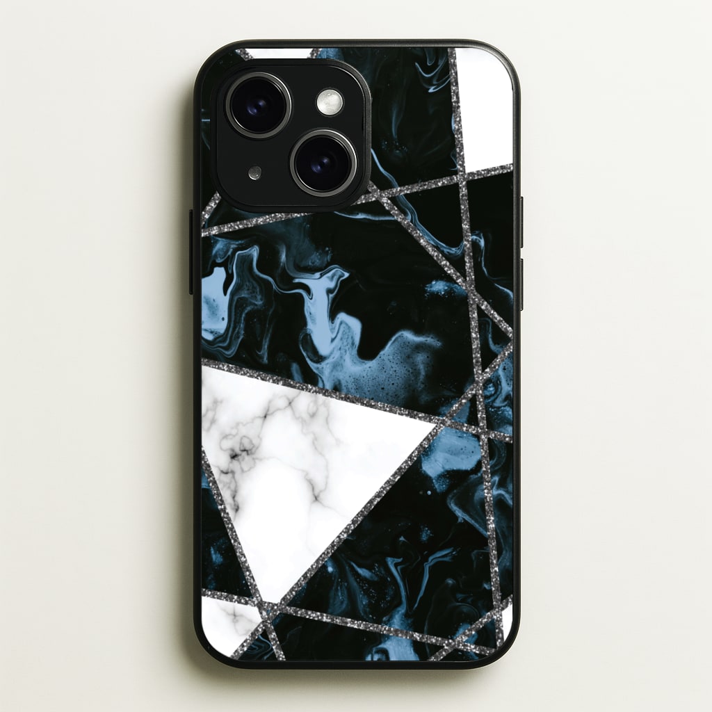 Dark Blue Marble And Silver Collage - Marble Phone Case for iPhone 15