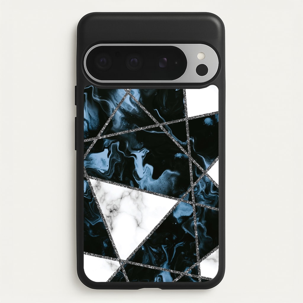 Dark Blue Marble And Silver Collage - Marble Phone Case for Google Pixel 9 Pro XL