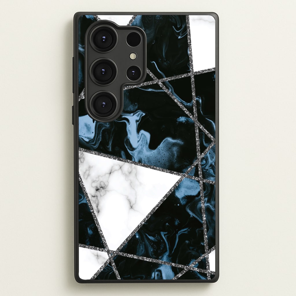 Dark Blue Marble And Silver Collage - Marble Phone Case for Galaxy S25 Ultra