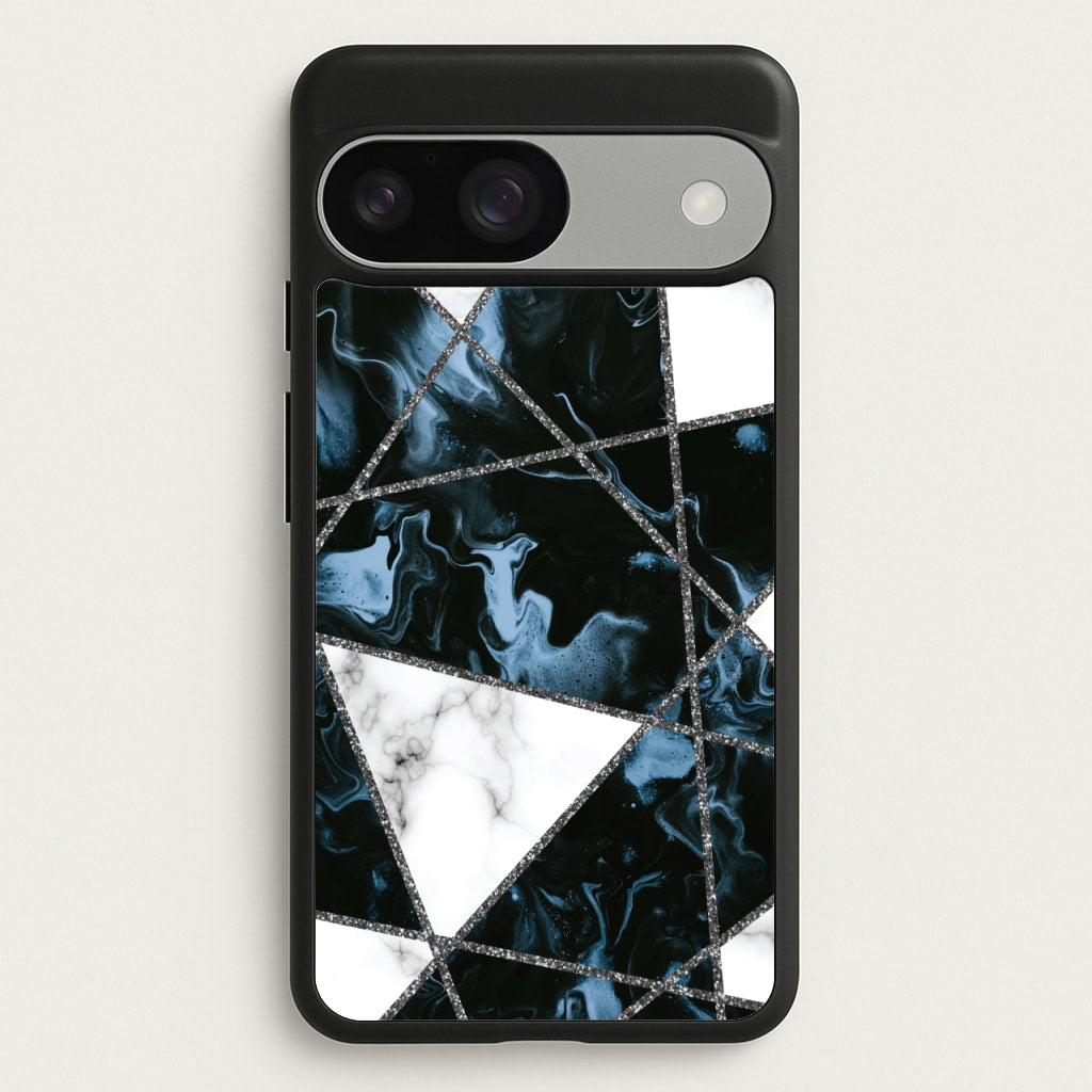 Dark Blue Marble And Silver Collage - Marble Phone Case for Google Pixel 9 / 9 Pro
