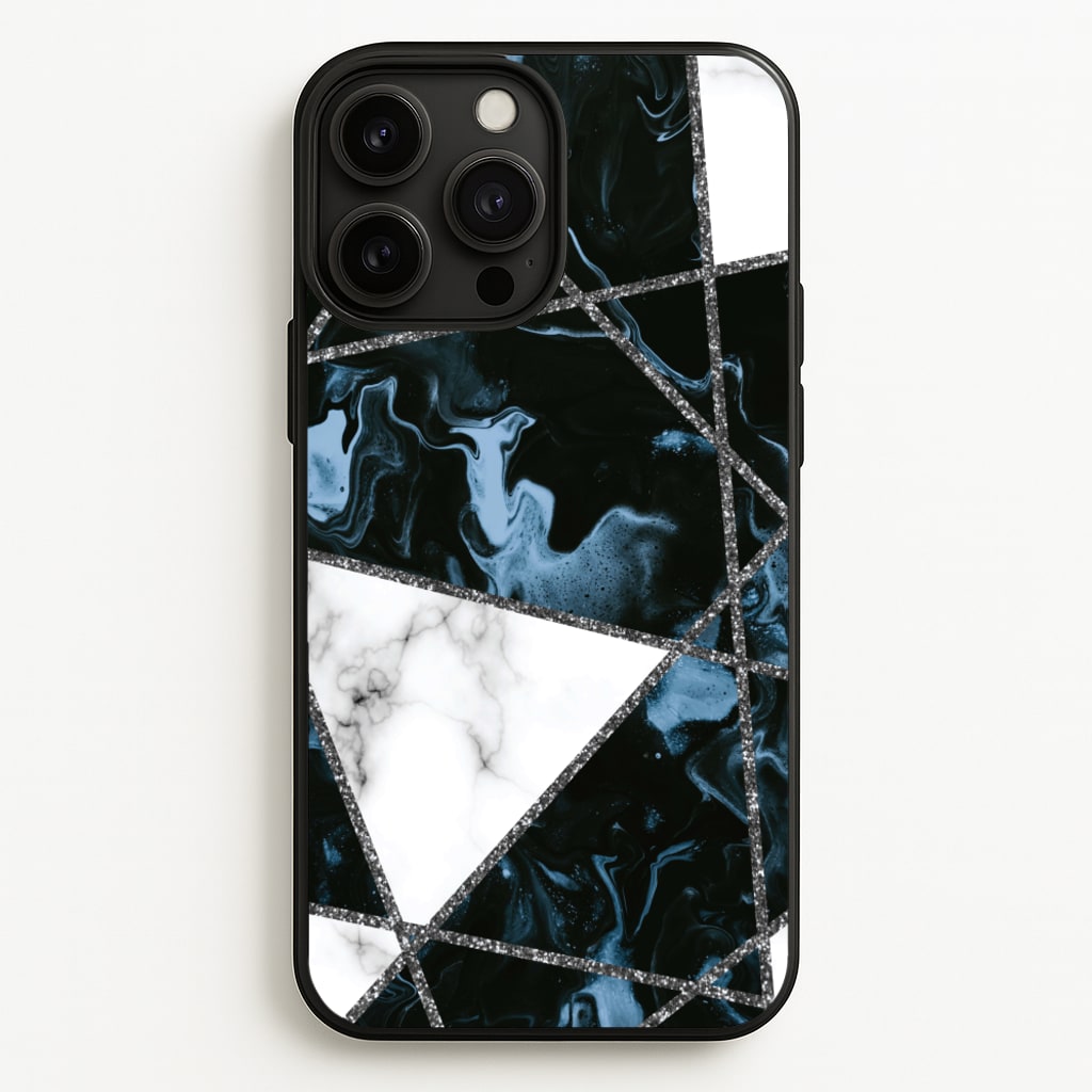 Dark Blue Marble And Silver Collage - Marble Phone Case for iPhone 13 Pro Max