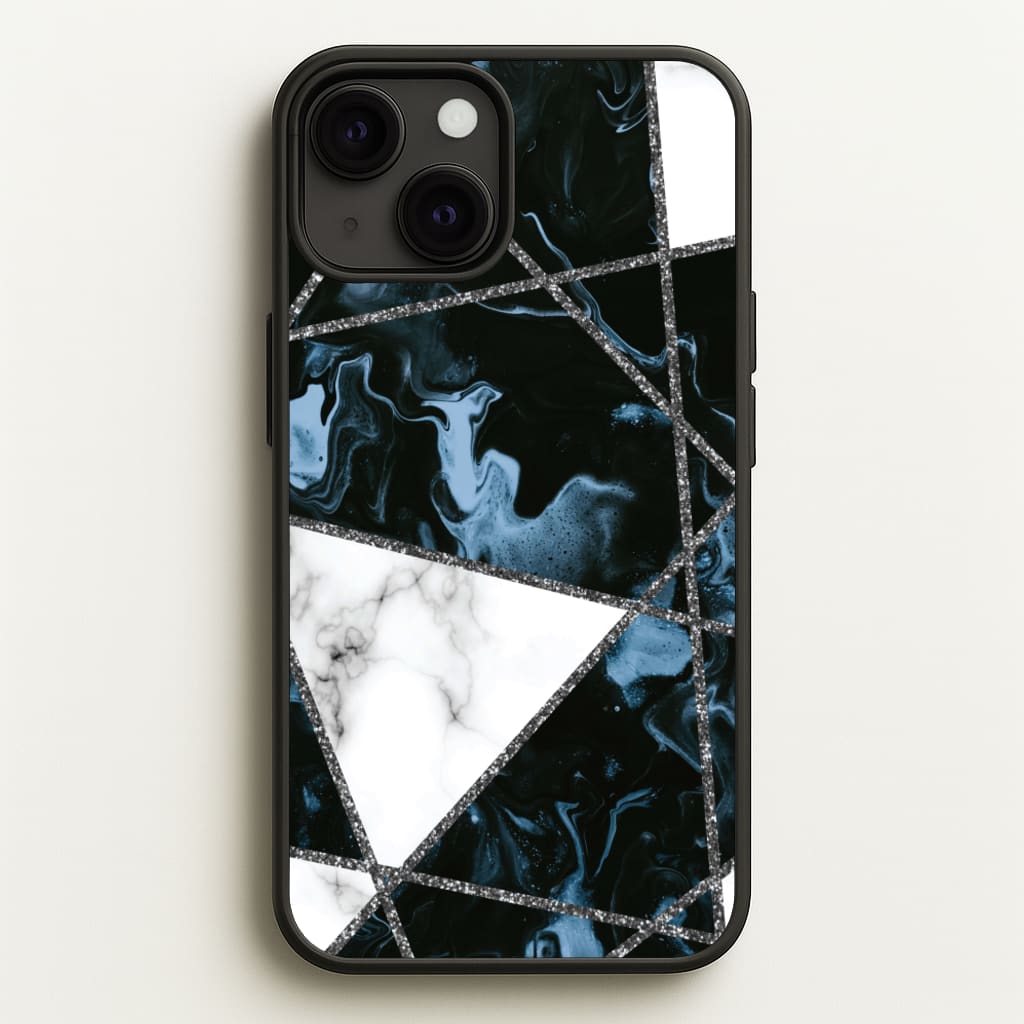 Dark Blue Marble And Silver Collage - Marble Phone Case for iPhone 13 Mini