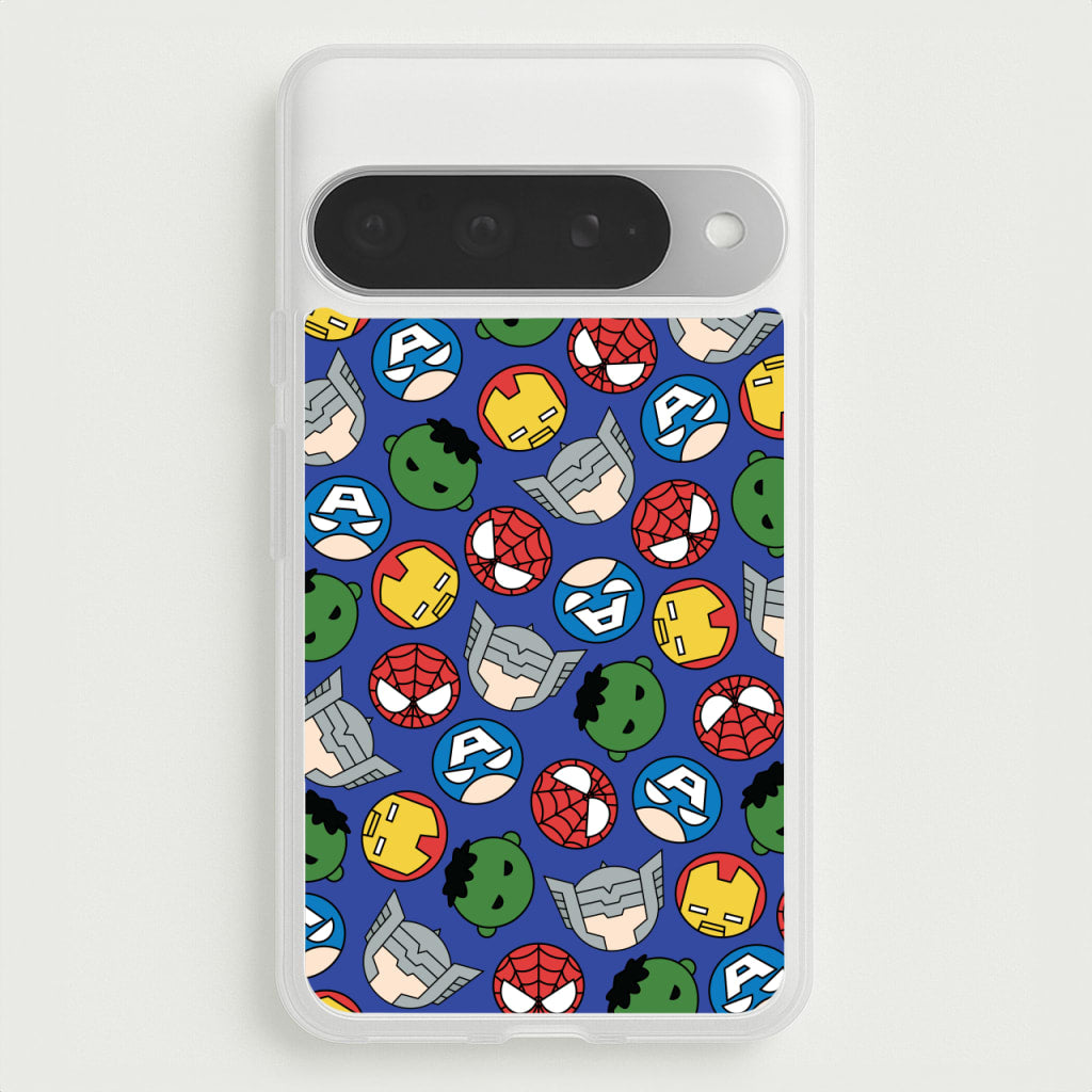 Cute Chibi Heroes Pattern Blue Phone Case for Google Pixel 10 Pro XL