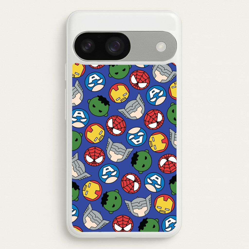 Cute Chibi Heroes Pattern Blue - Marvel Phone Case for Google Pixel 9 / 9 Pro