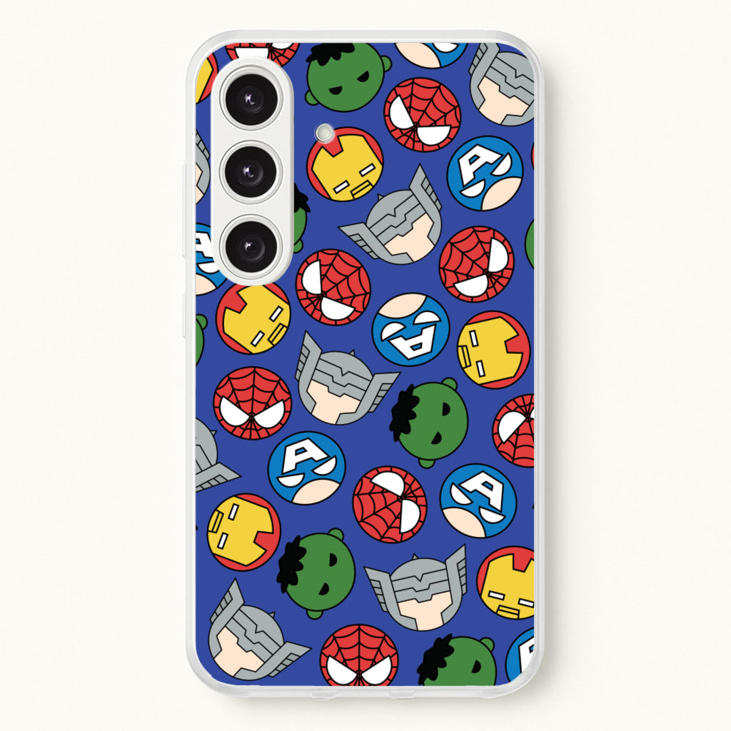 Cute Chibi Heroes Pattern Blue - Marvel Phone Case for Galaxy S25 Plus