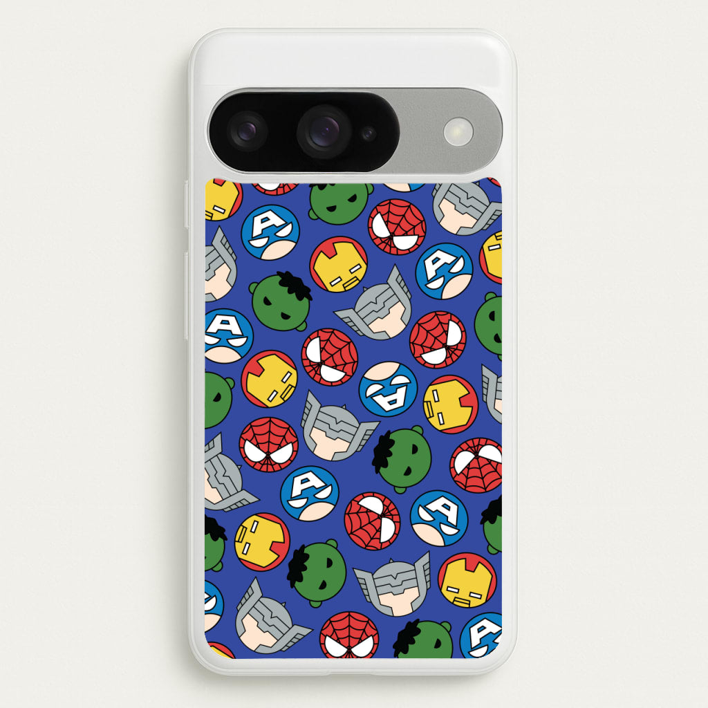 Cute Chibi Heroes Pattern Blue Phone Case for Google Pixel 10 / 10 Pro