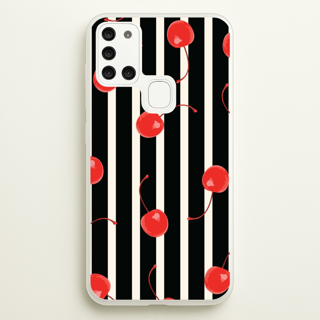 Black And White Stripes With Cherries - Patterns Phone Case for Galaxy A21s