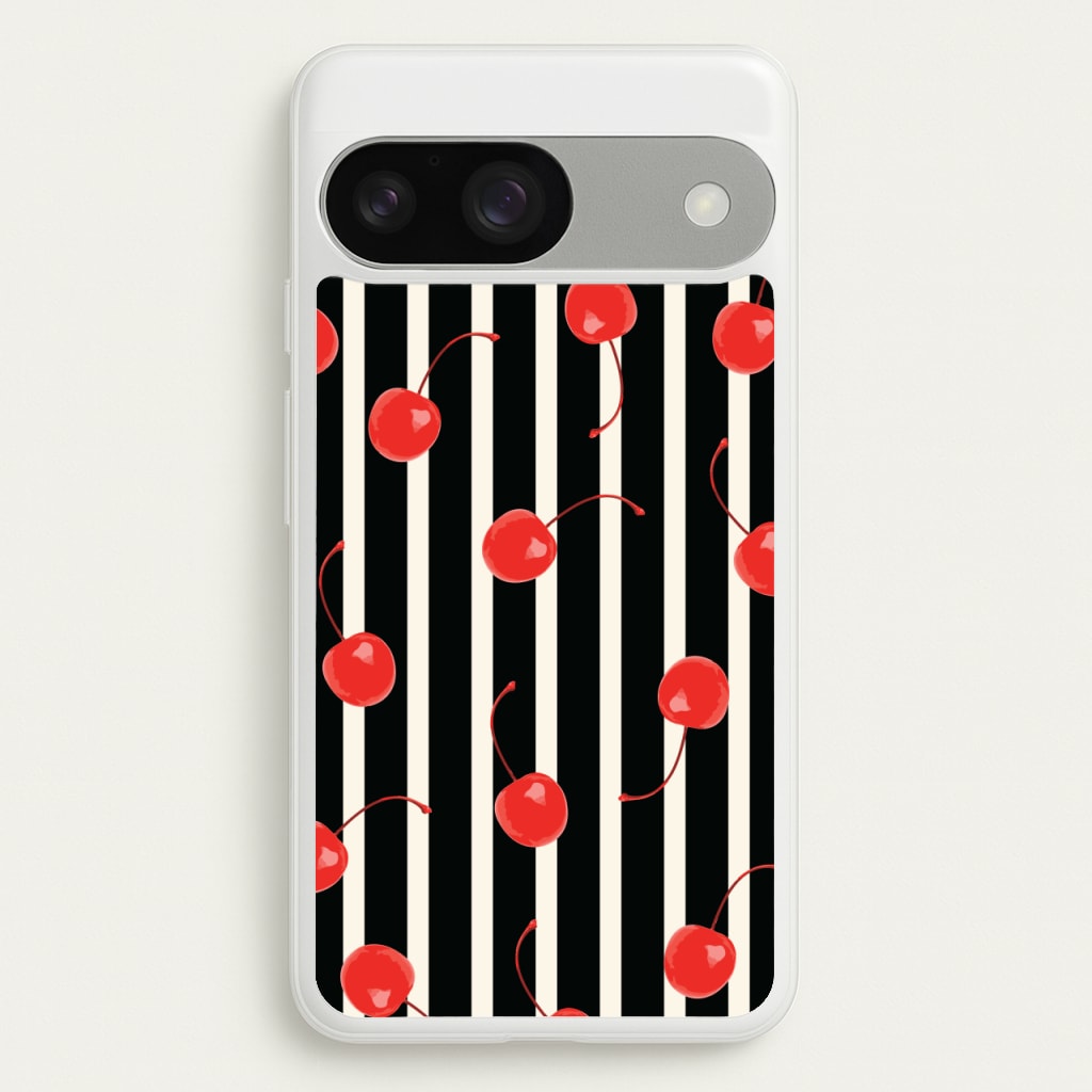 Black And White Stripes With Cherries - Patterns Phone Case for Google Pixel 9 / 9 Pro
