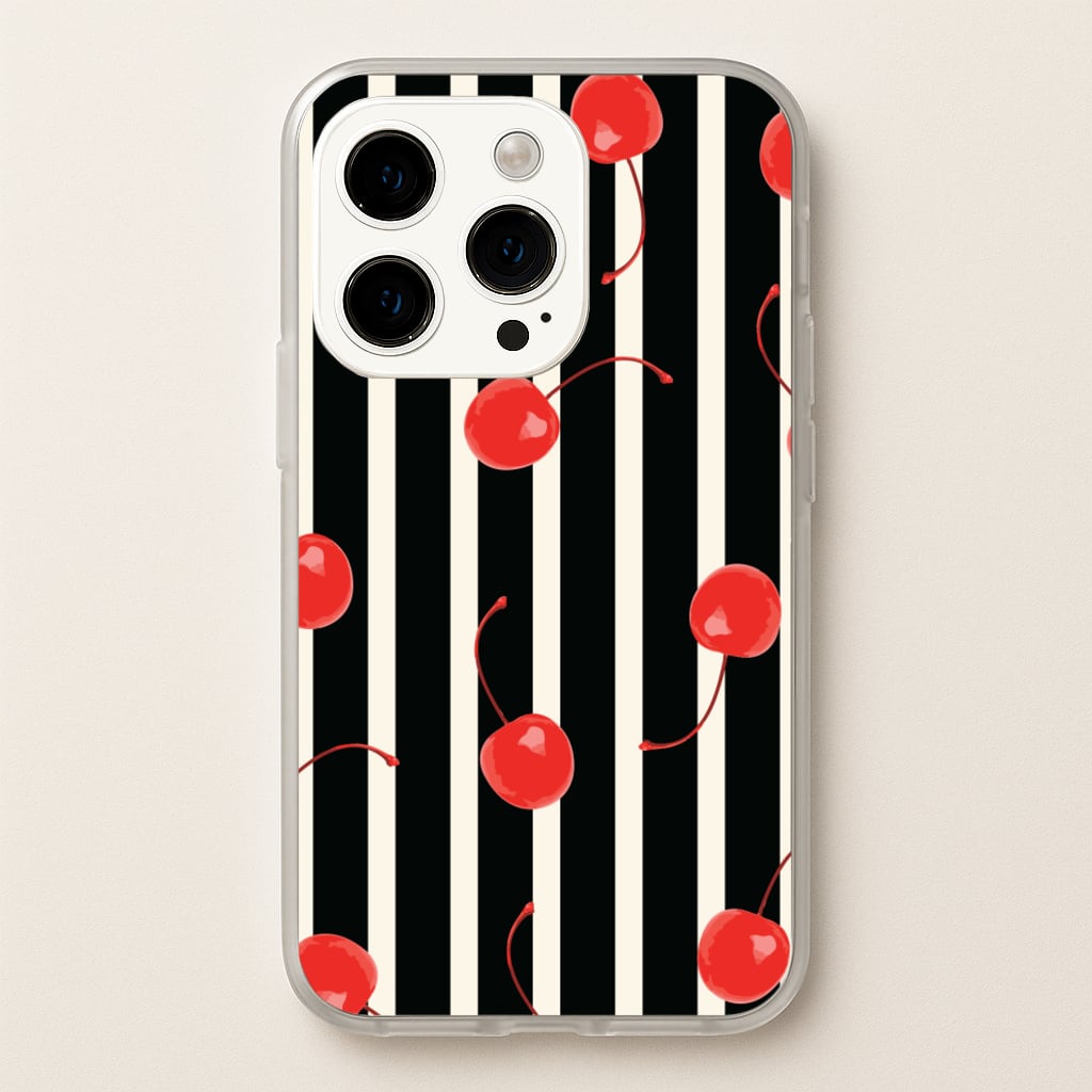 Black And White Stripes With Cherries - Patterns Phone Case for iPhone 15 Pro