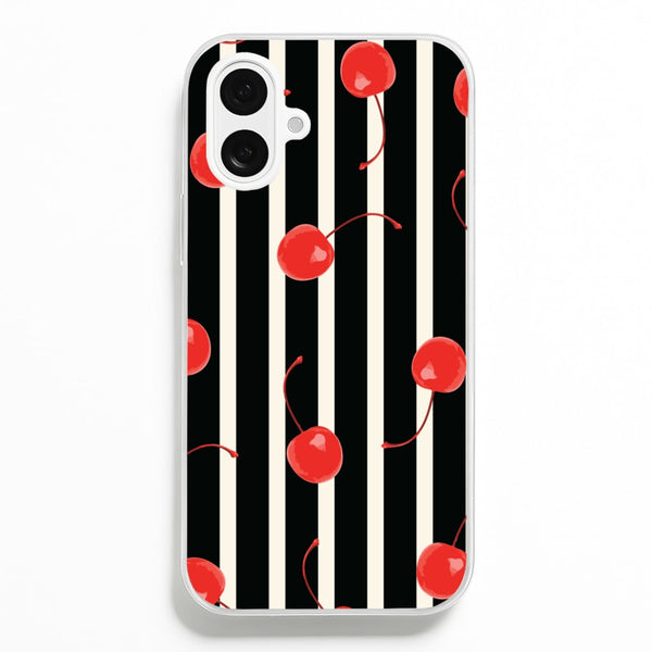 Black And White Stripes With Cherries - Patterns Phone Case for iPhone 16 Plus
