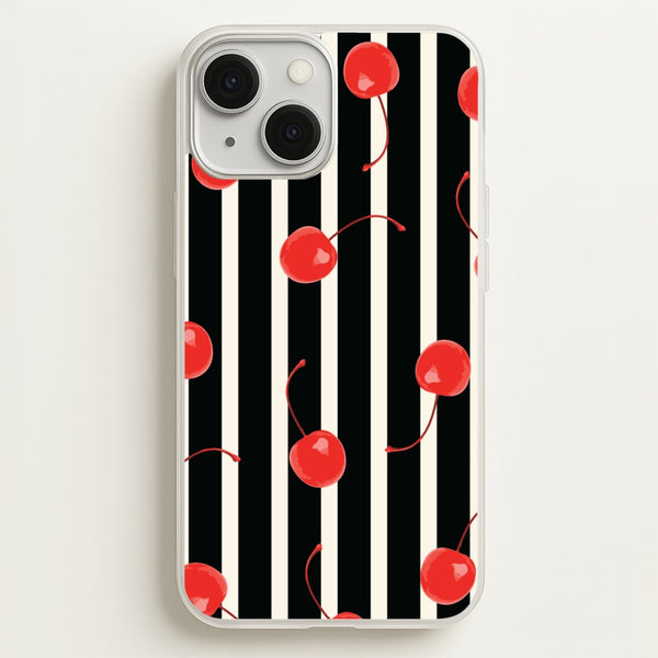 Black And White Stripes With Cherries - Patterns Phone Case for iPhone 13 Mini