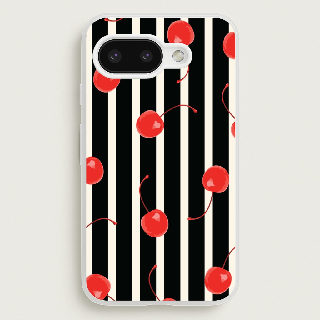 Black And White Stripes With Cherries - Patterns Phone Case for Google Pixel 9a
