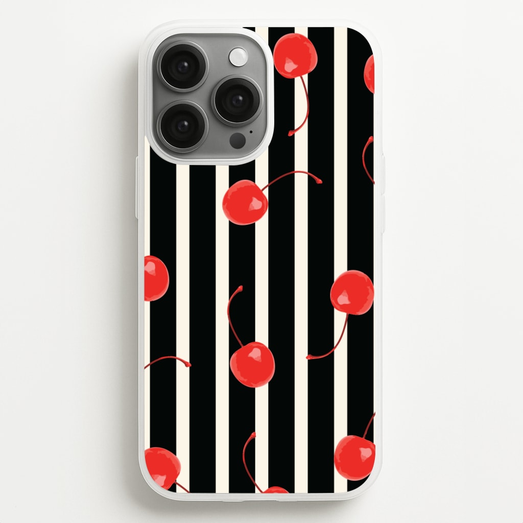 Black And White Stripes With Cherries - Patterns Phone Case for iPhone 13 Pro Max