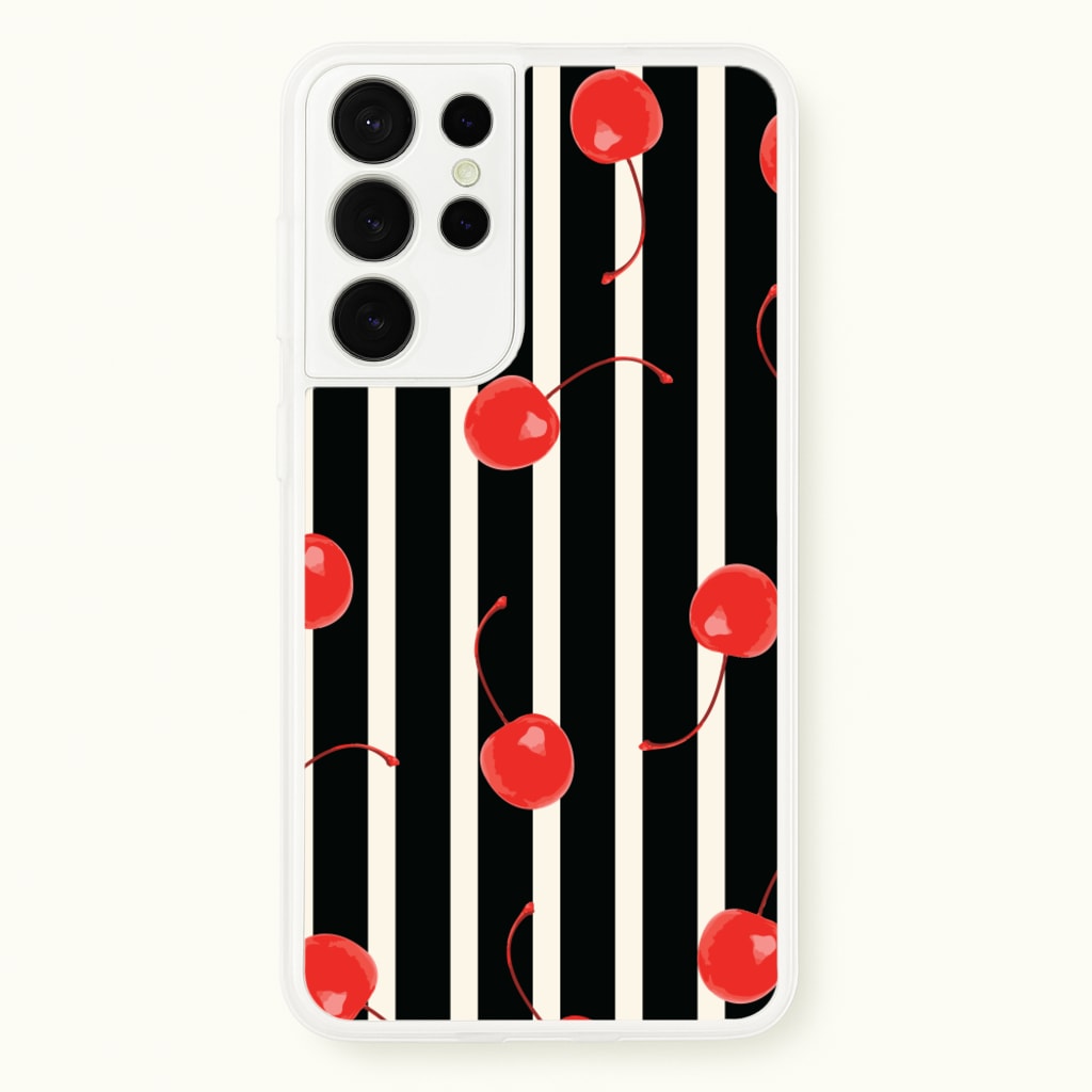 Black And White Stripes With Cherries - Patterns Phone Case for Galaxy S21 Ultra