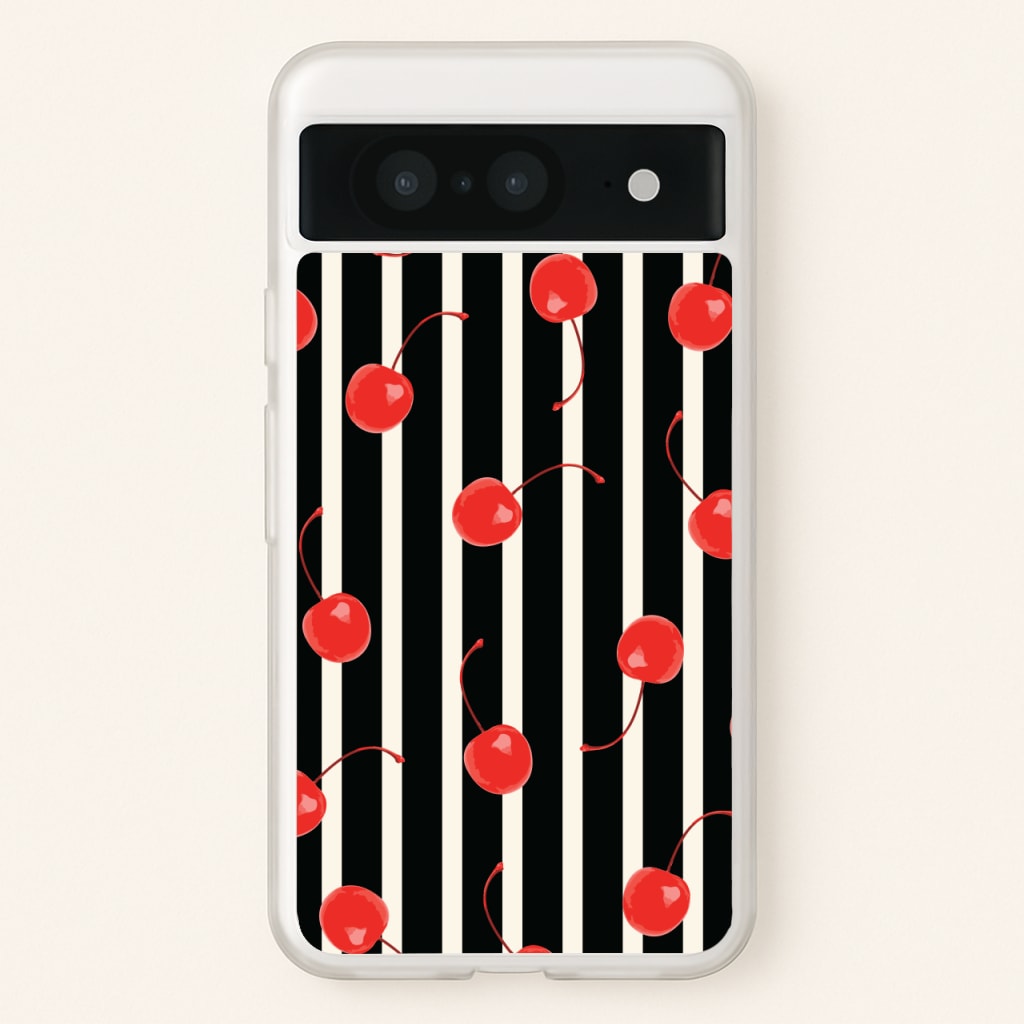 Black And White Stripes With Cherries - Patterns Phone Case for Google Pixel 8