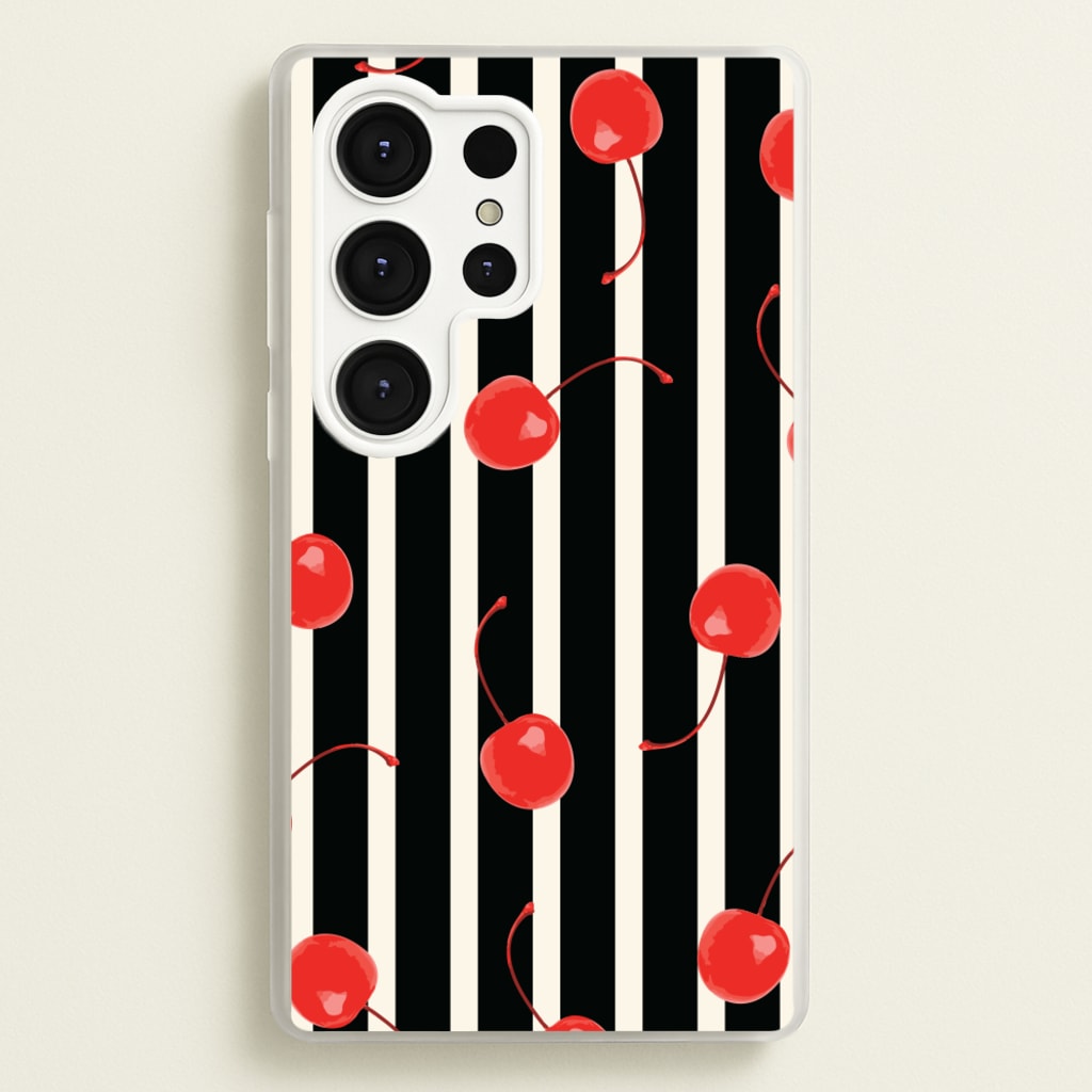Black And White Stripes With Cherries - Patterns Phone Case for Galaxy S25 Ultra