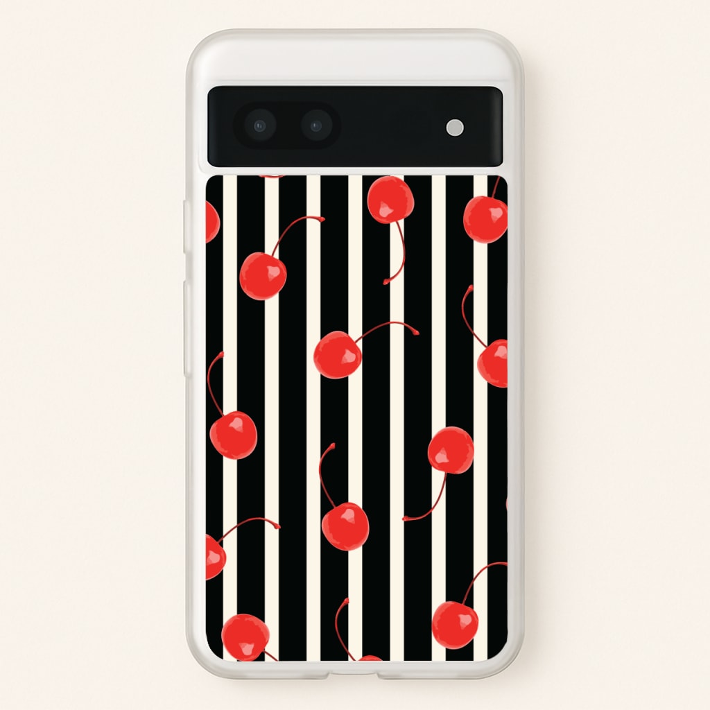 Black And White Stripes With Cherries - Patterns Phone Case for Google Pixel 7a