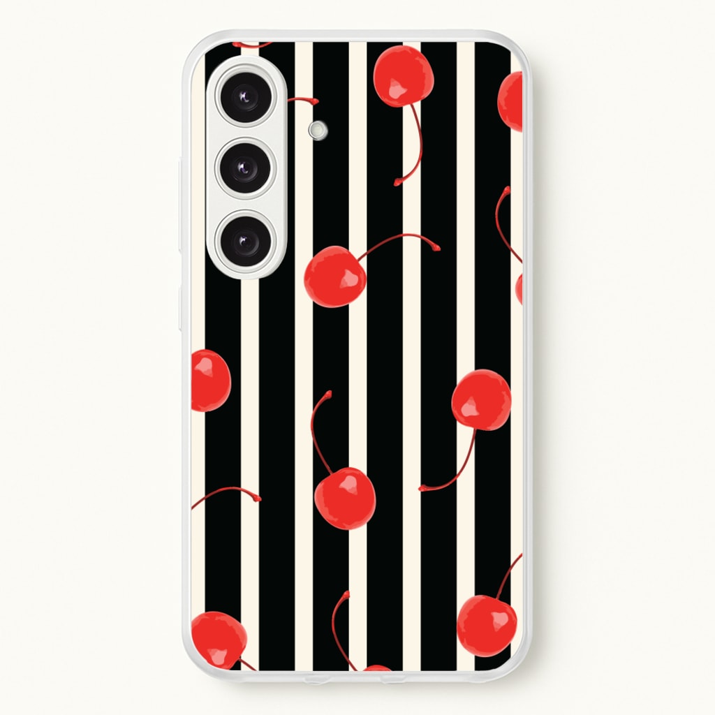 Black And White Stripes With Cherries - Patterns Phone Case for Galaxy S25 Plus