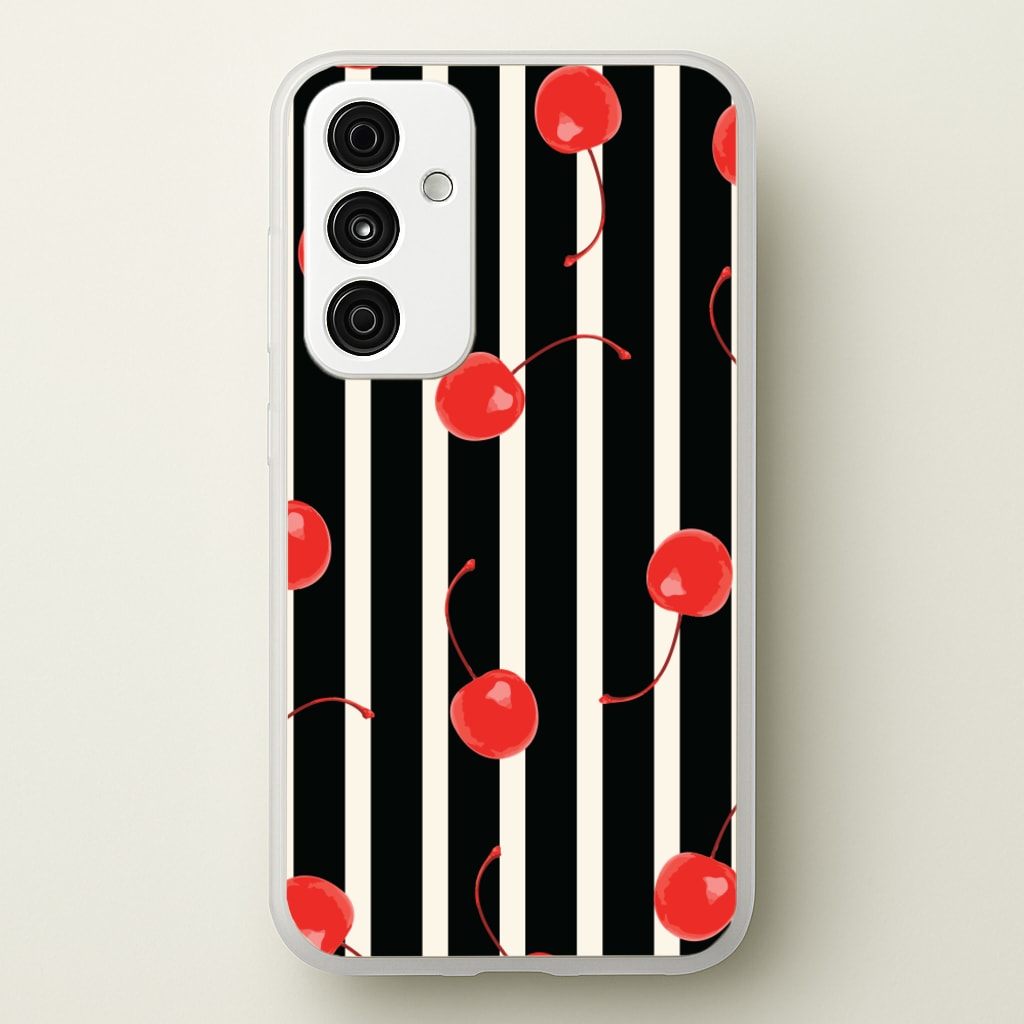 Black And White Stripes With Cherries - Patterns Phone Case for Galaxy A55