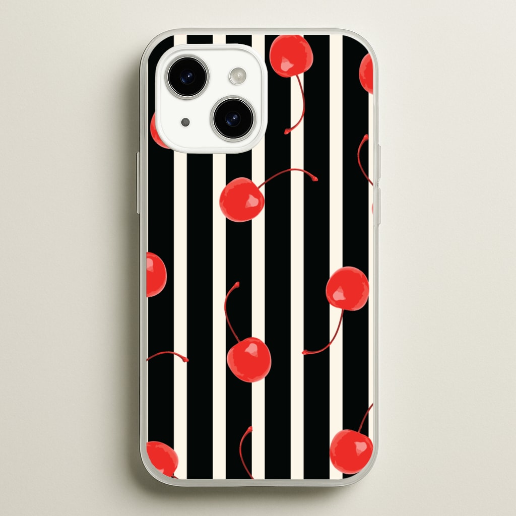 Black And White Stripes With Cherries - Patterns Phone Case for iPhone 15 Plus