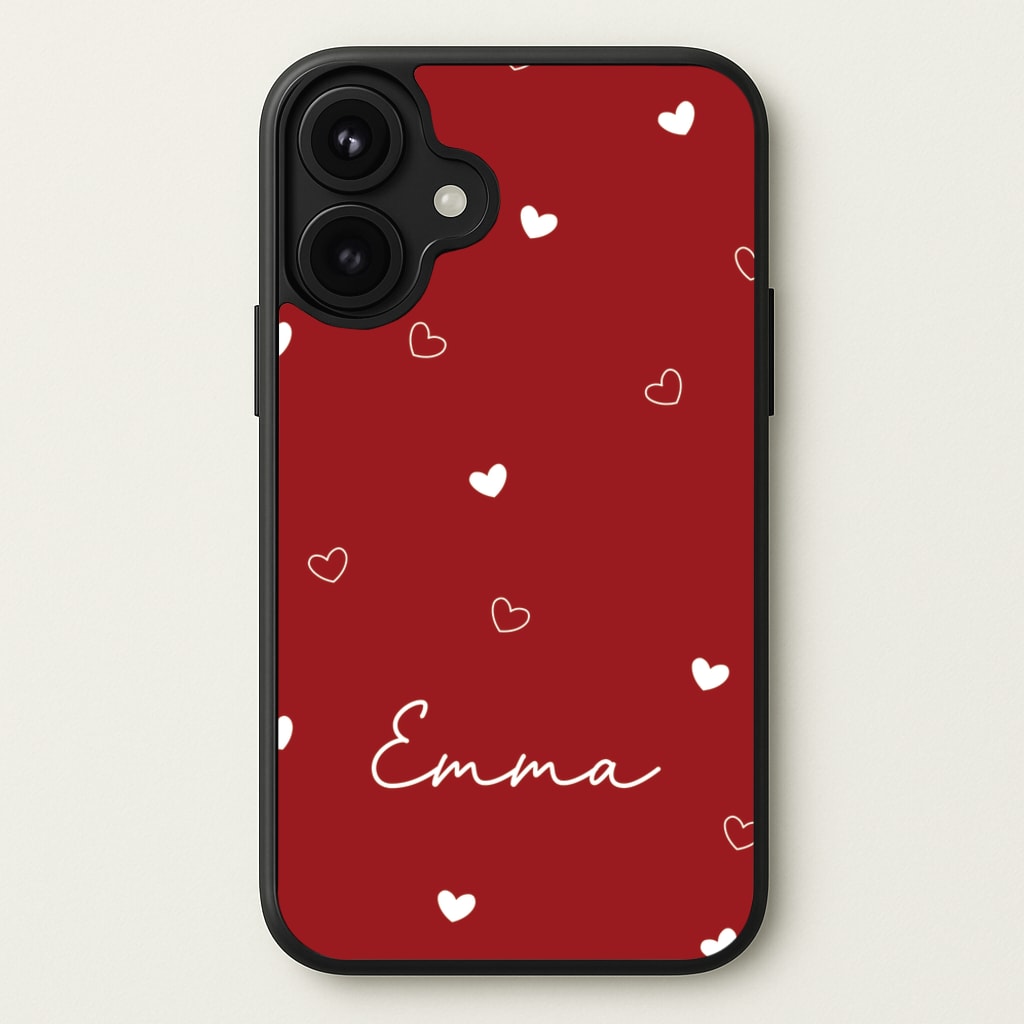 Red Hearts And Outlines Personalised Name Phone Case for iPhone 17