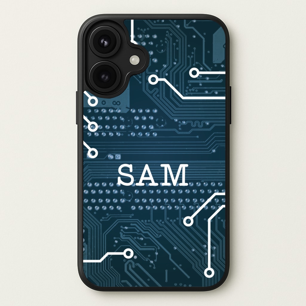 Blue Circuit Board Personalised Name Phone Case for iPhone 17