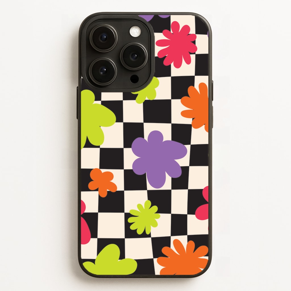 Abstract Flowers Checkered Pattern - Psychedelic Phone Case for iPhone 16 Pro Max