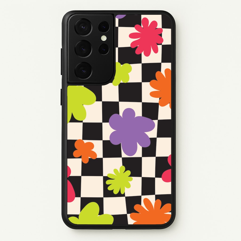 Abstract Flowers Checkered Pattern - Psychedelic Phone Case for Galaxy S21 Ultra
