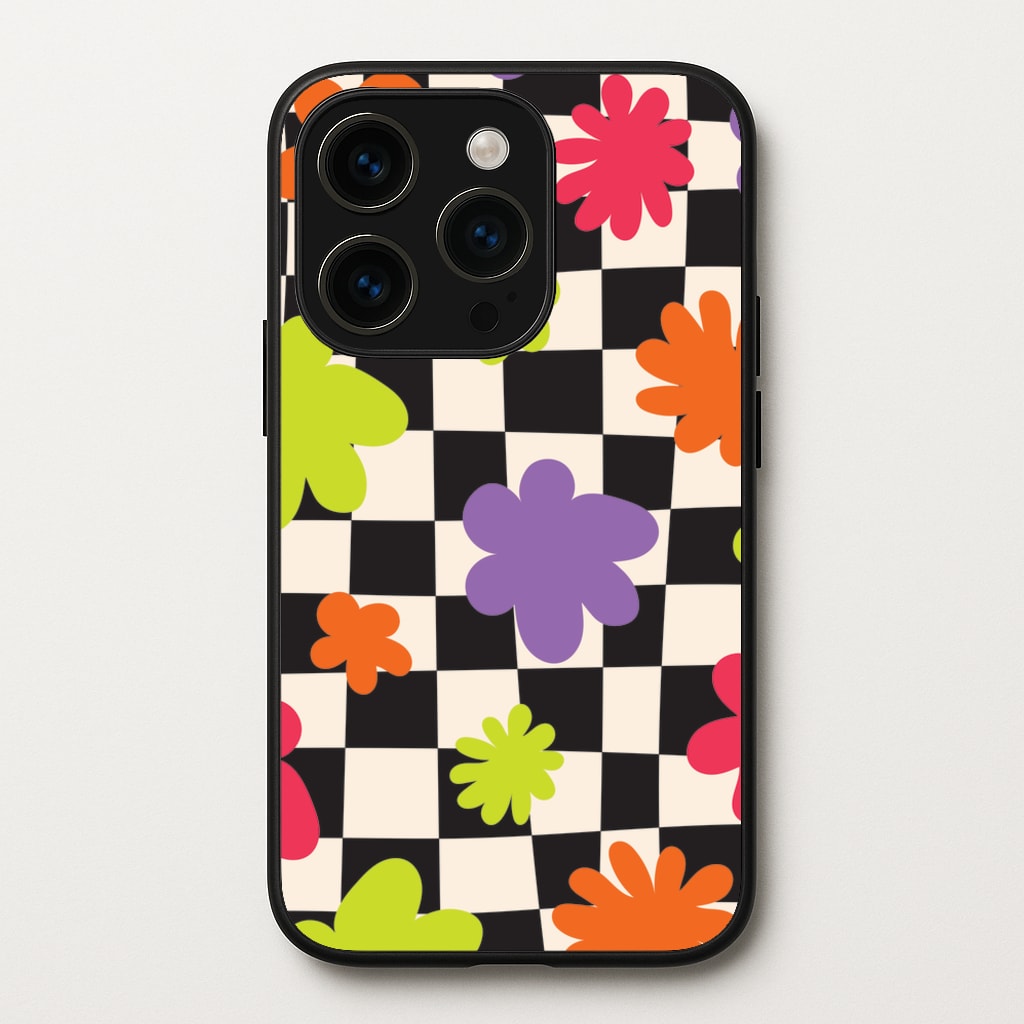 Abstract Flowers Checkered Pattern - Psychedelic Phone Case for iPhone 14 Pro