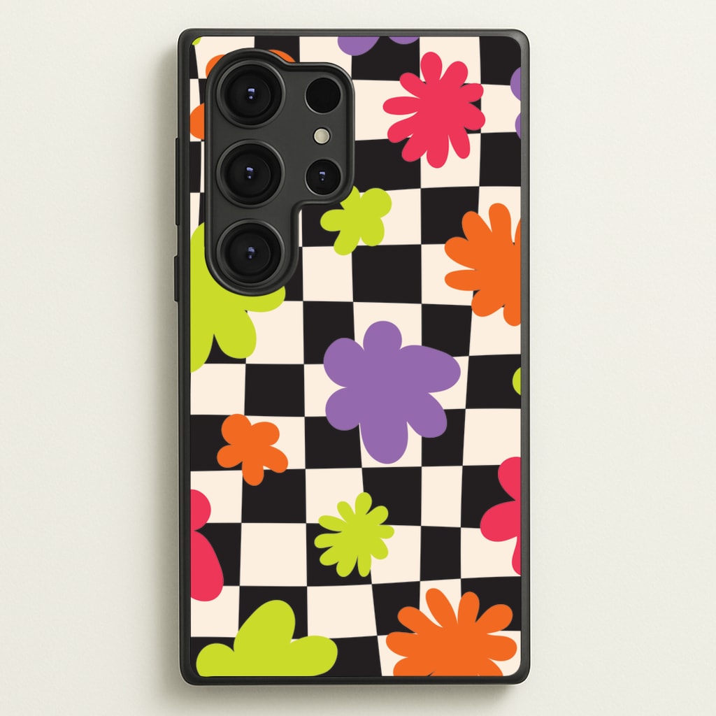 Abstract Flowers Checkered Pattern - Psychedelic Phone Case for Galaxy S25 Ultra