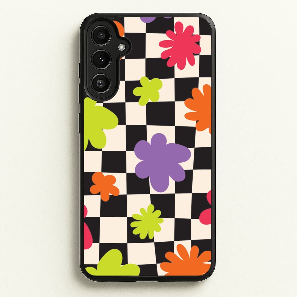 Abstract Flowers Checkered Pattern - Psychedelic Phone Case for Galaxy A36