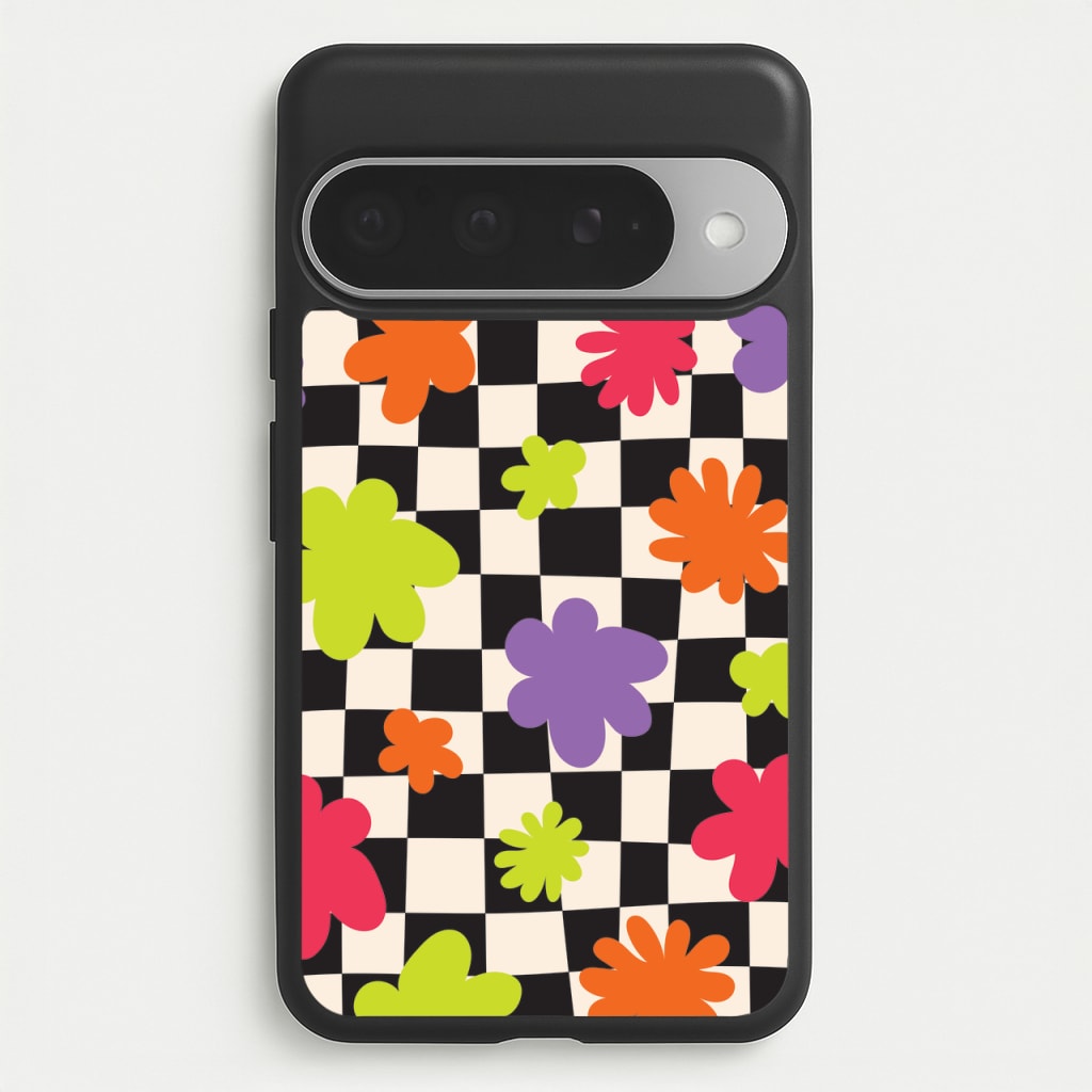 Abstract Flowers Checkered Pattern Phone Case for Google Pixel 10 Pro XL