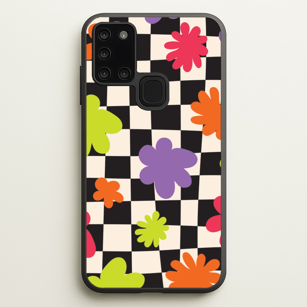 Abstract Flowers Checkered Pattern - Psychedelic Phone Case for Galaxy A21s