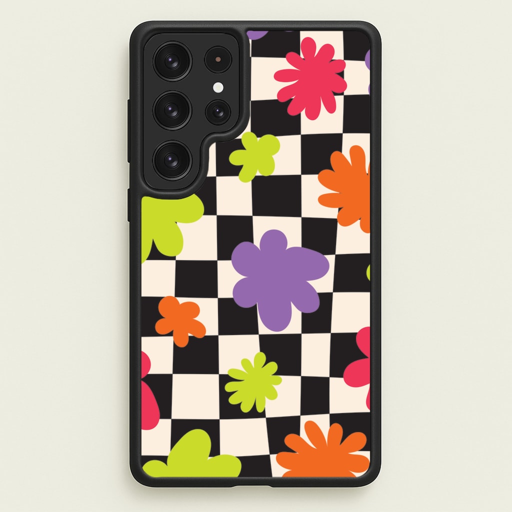 Abstract Flowers Checkered Pattern - Psychedelic Phone Case for Galaxy S23 Ultra