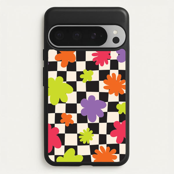 Abstract Flowers Checkered Pattern - Psychedelic Phone Case for Google Pixel 9 Pro XL