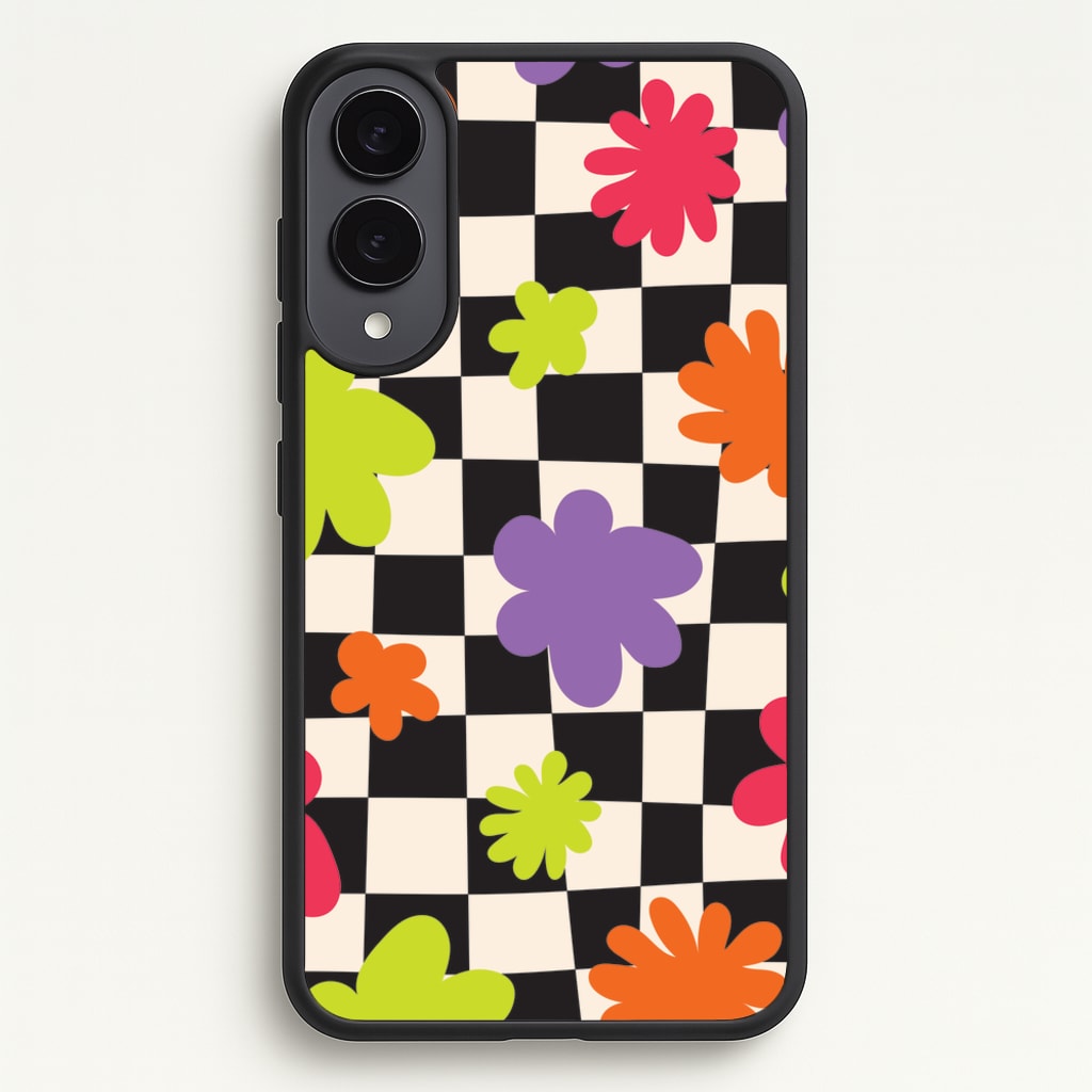 Abstract Flowers Checkered Pattern - Psychedelic Phone Case for Galaxy S25 Edge