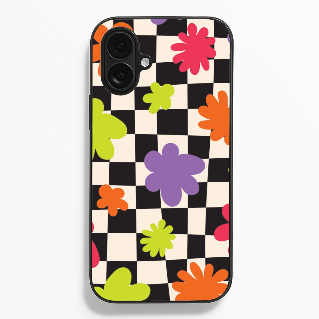 Abstract Flowers Checkered Pattern - Psychedelic Phone Case for iPhone 16 Plus