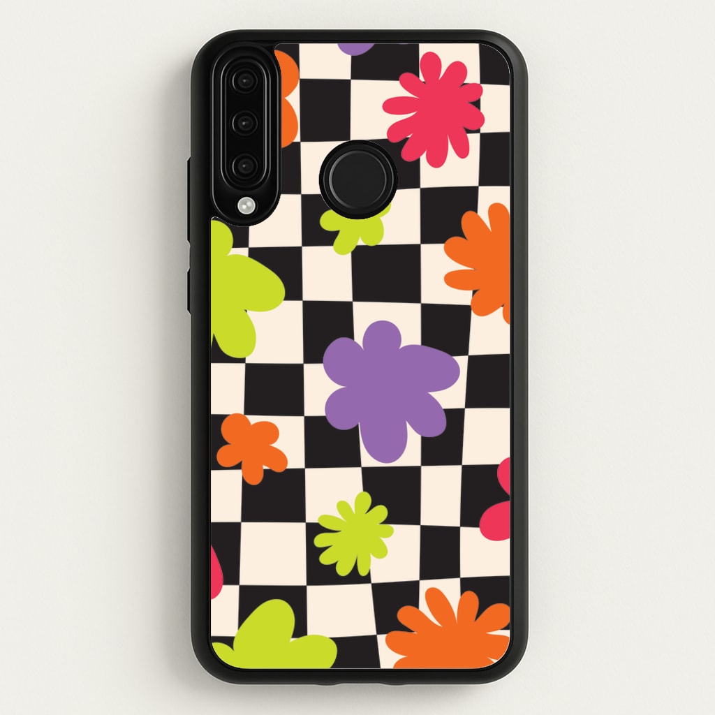 Abstract Flowers Checkered Pattern - Psychedelic Phone Case for Huawei P30 Lite