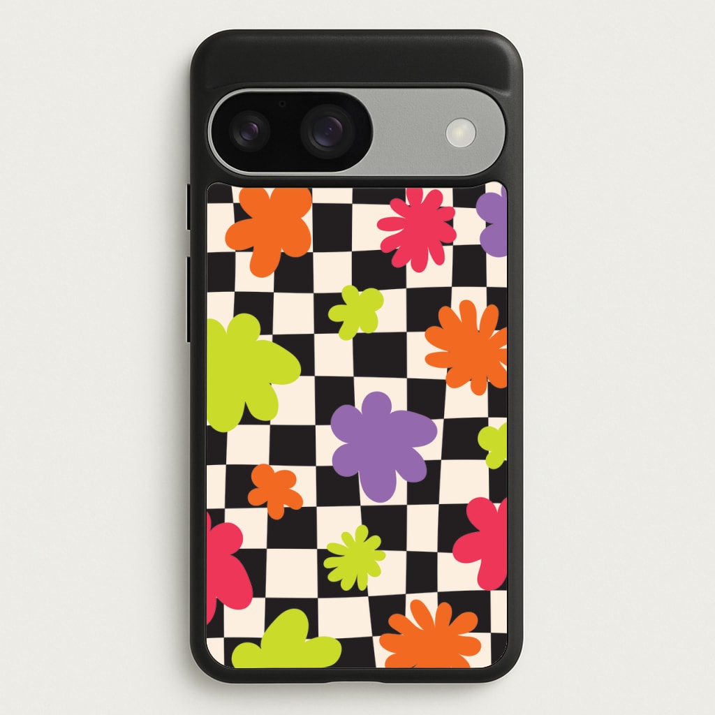 Abstract Flowers Checkered Pattern - Psychedelic Phone Case for Google Pixel 9 / 9 Pro