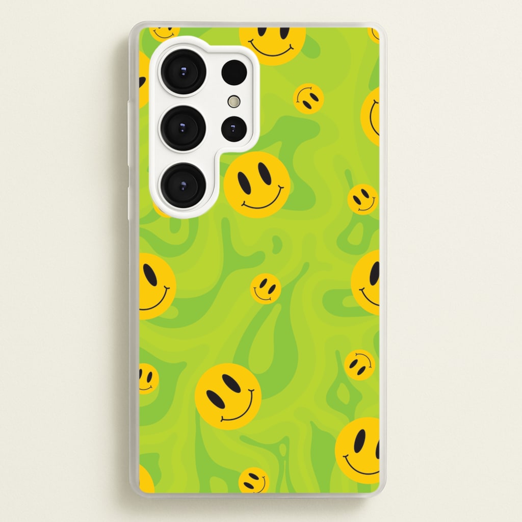 Green Wavey Smileys Pattern - Psychedelic Phone Case for Galaxy S25 Ultra