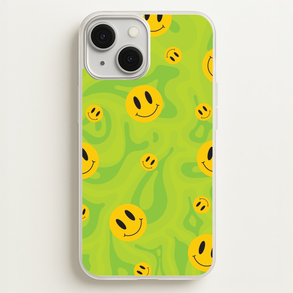 Green Wavey Smileys Pattern - Psychedelic Phone Case for iPhone 13 Mini
