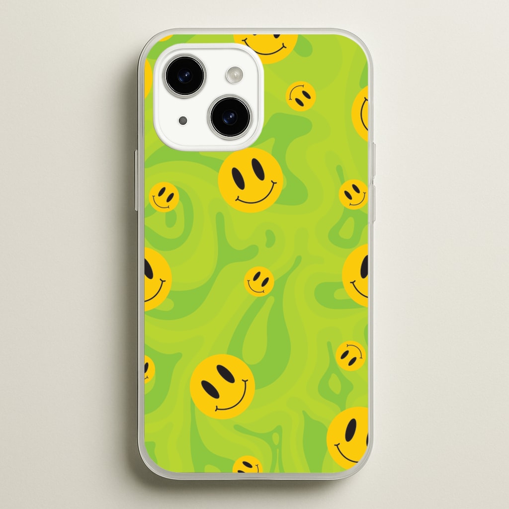 Green Wavey Smileys Pattern - Psychedelic Phone Case for iPhone 14