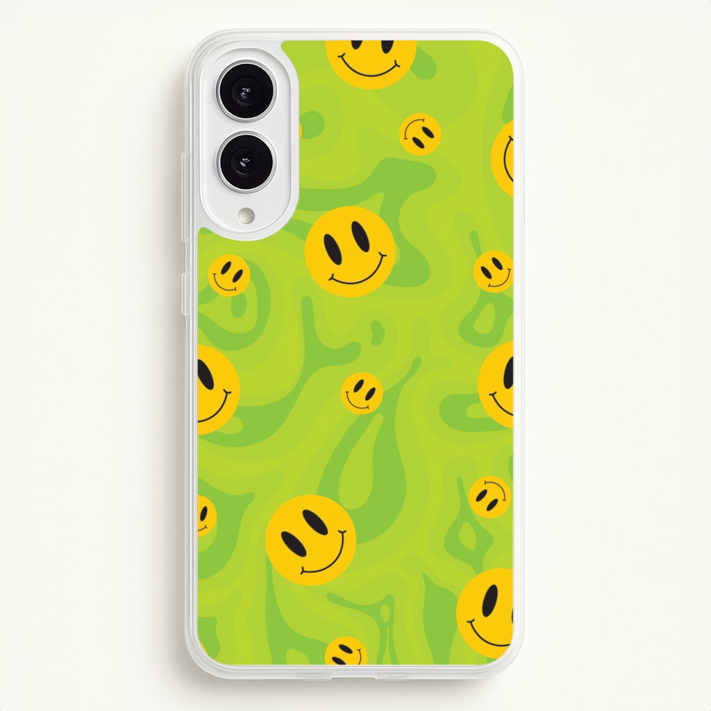 Green Wavey Smileys Pattern - Psychedelic Phone Case for Galaxy S25 Edge