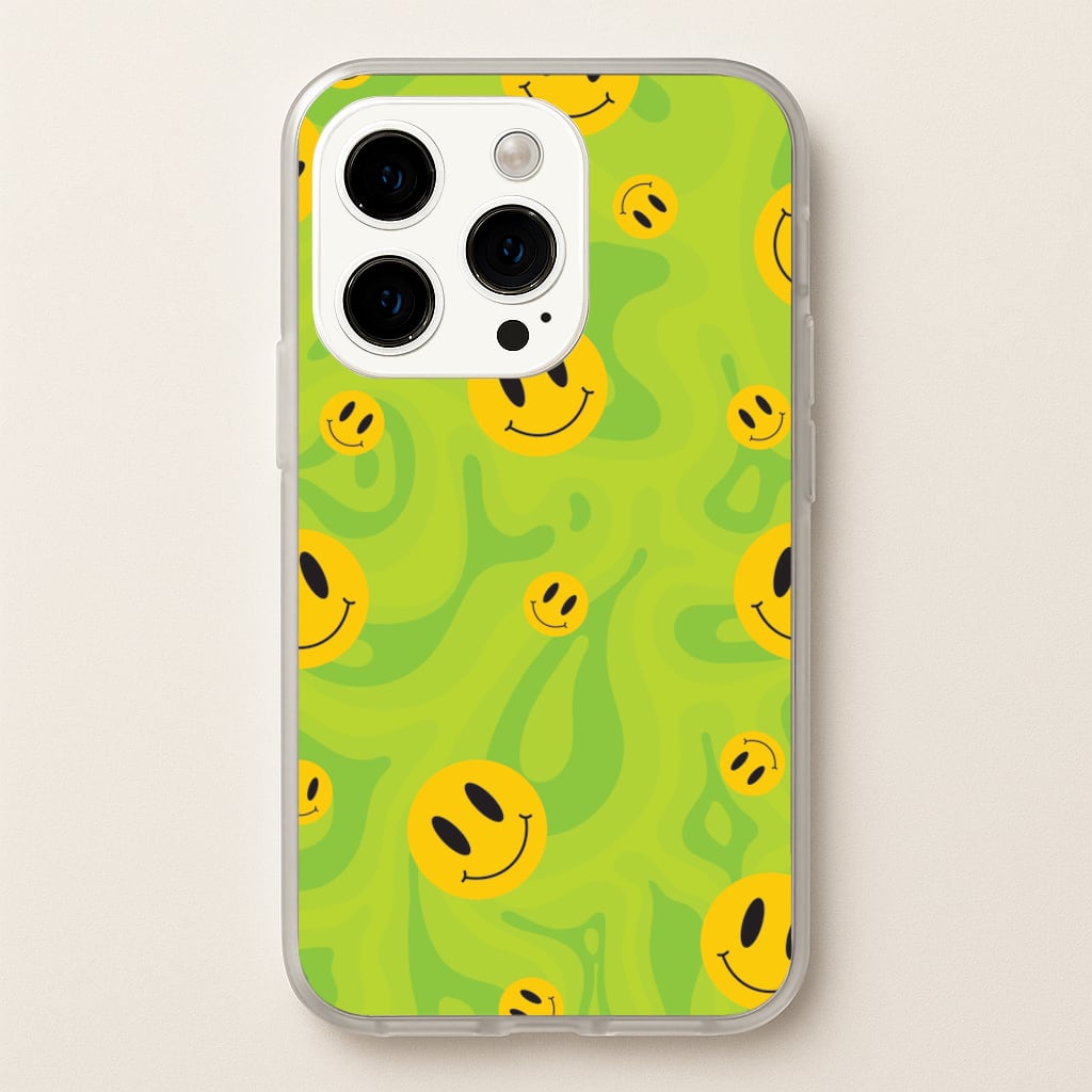 Green Wavey Smileys Pattern - Psychedelic Phone Case for iPhone 15 Pro