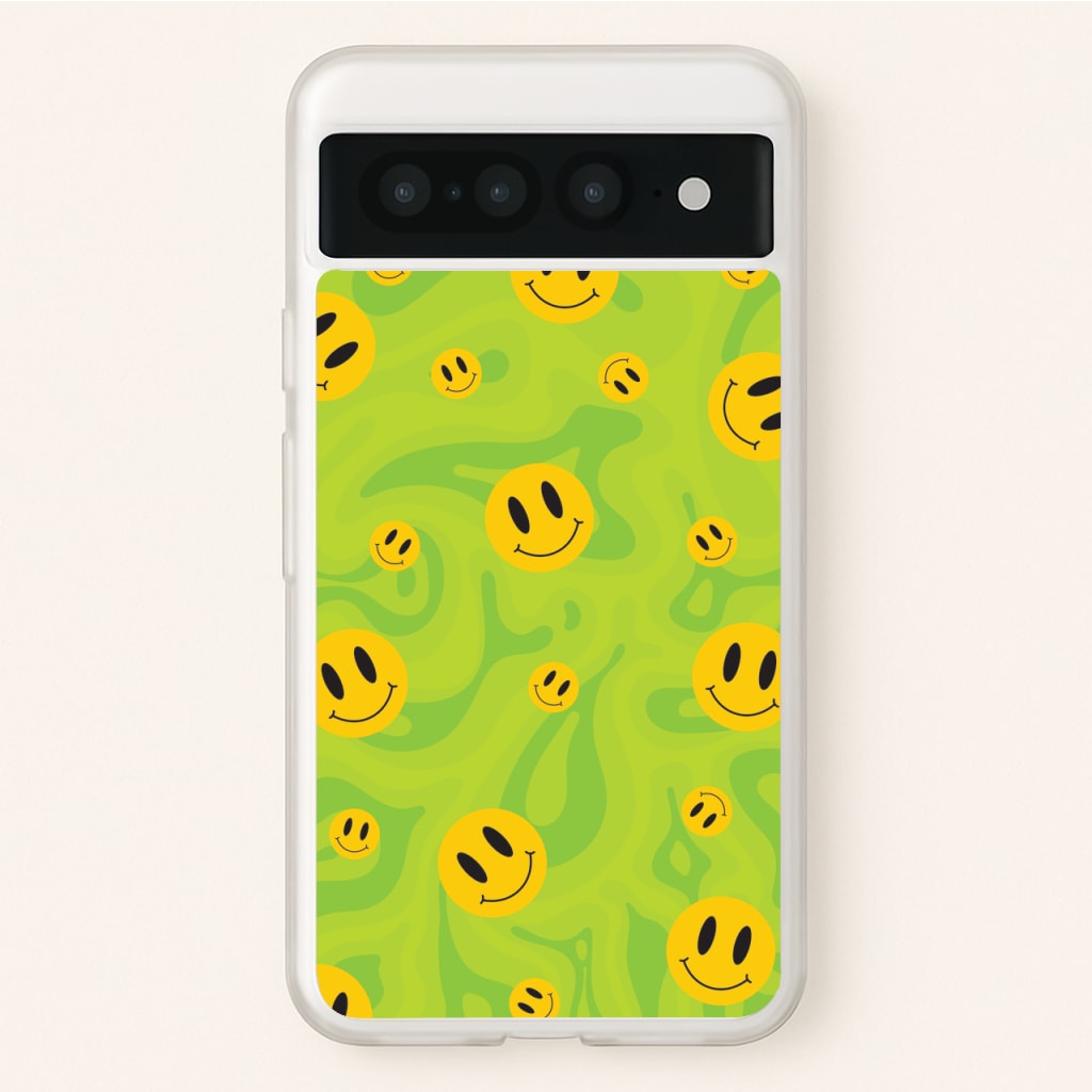 Green Wavey Smileys Pattern - Psychedelic Phone Case for Google Pixel 7 Pro